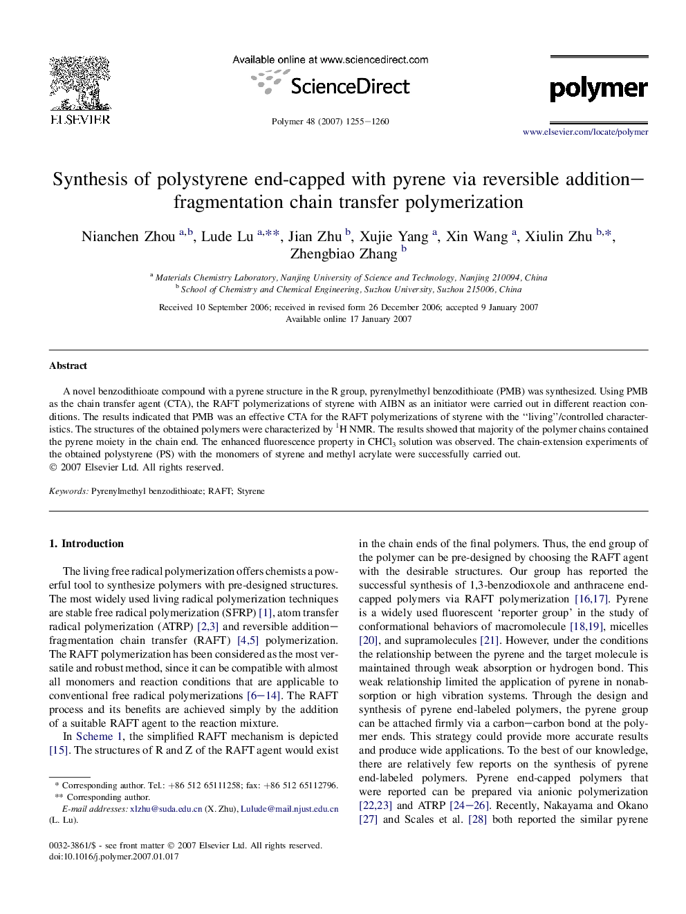 Synthesis of polystyrene end-capped with pyrene via reversible addition-fragmentation chain transfer polymerization