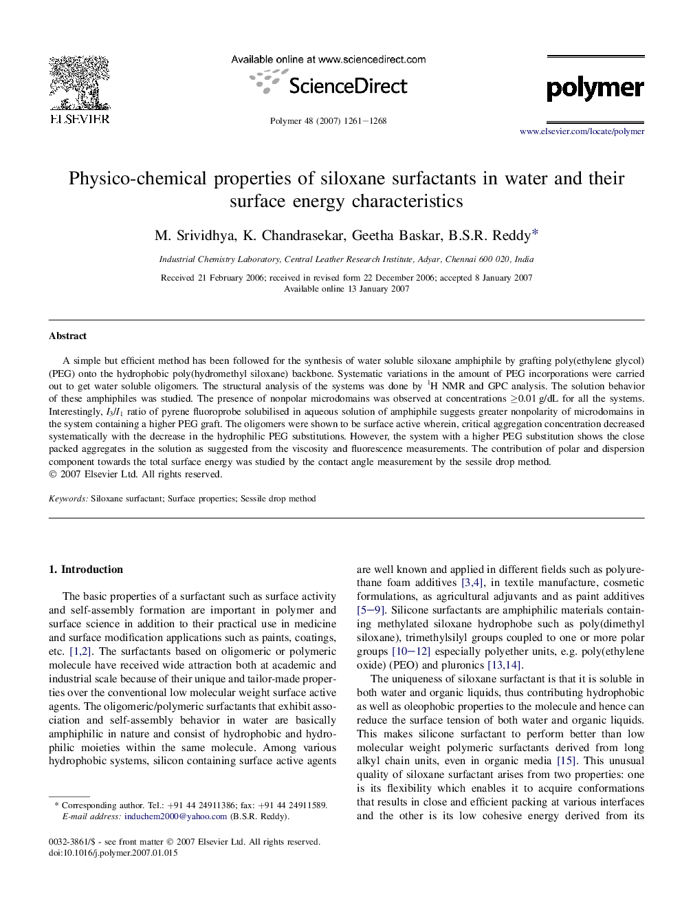 Physico-chemical properties of siloxane surfactants in water and their surface energy characteristics