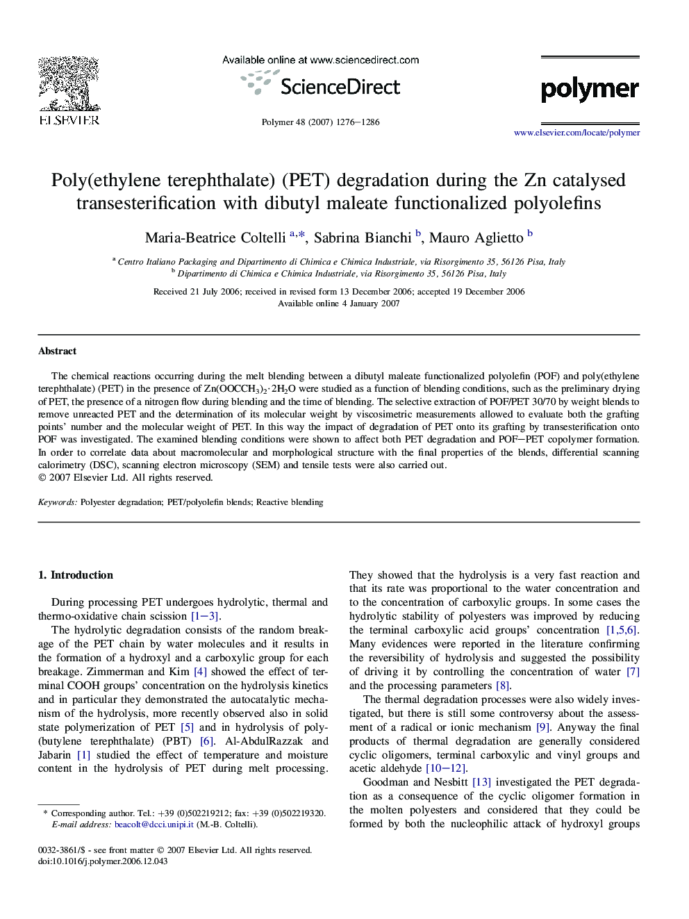 Poly(ethylene terephthalate) (PET) degradation during the Zn catalysed transesterification with dibutyl maleate functionalized polyolefins