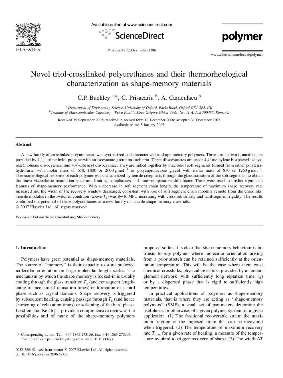 Novel triol-crosslinked polyurethanes and their thermorheological characterization as shape-memory materials