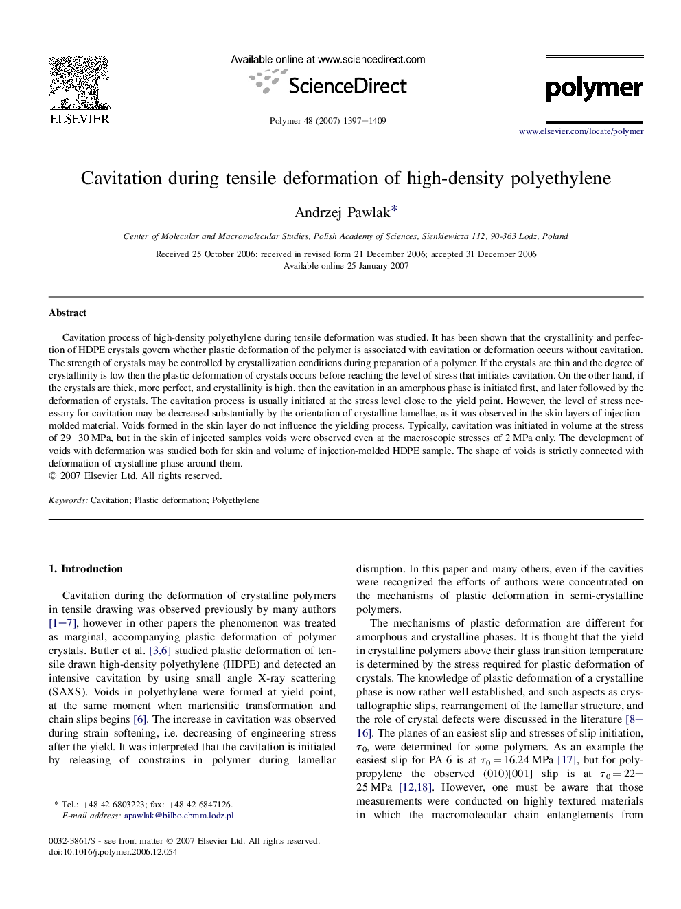 Cavitation during tensile deformation of high-density polyethylene