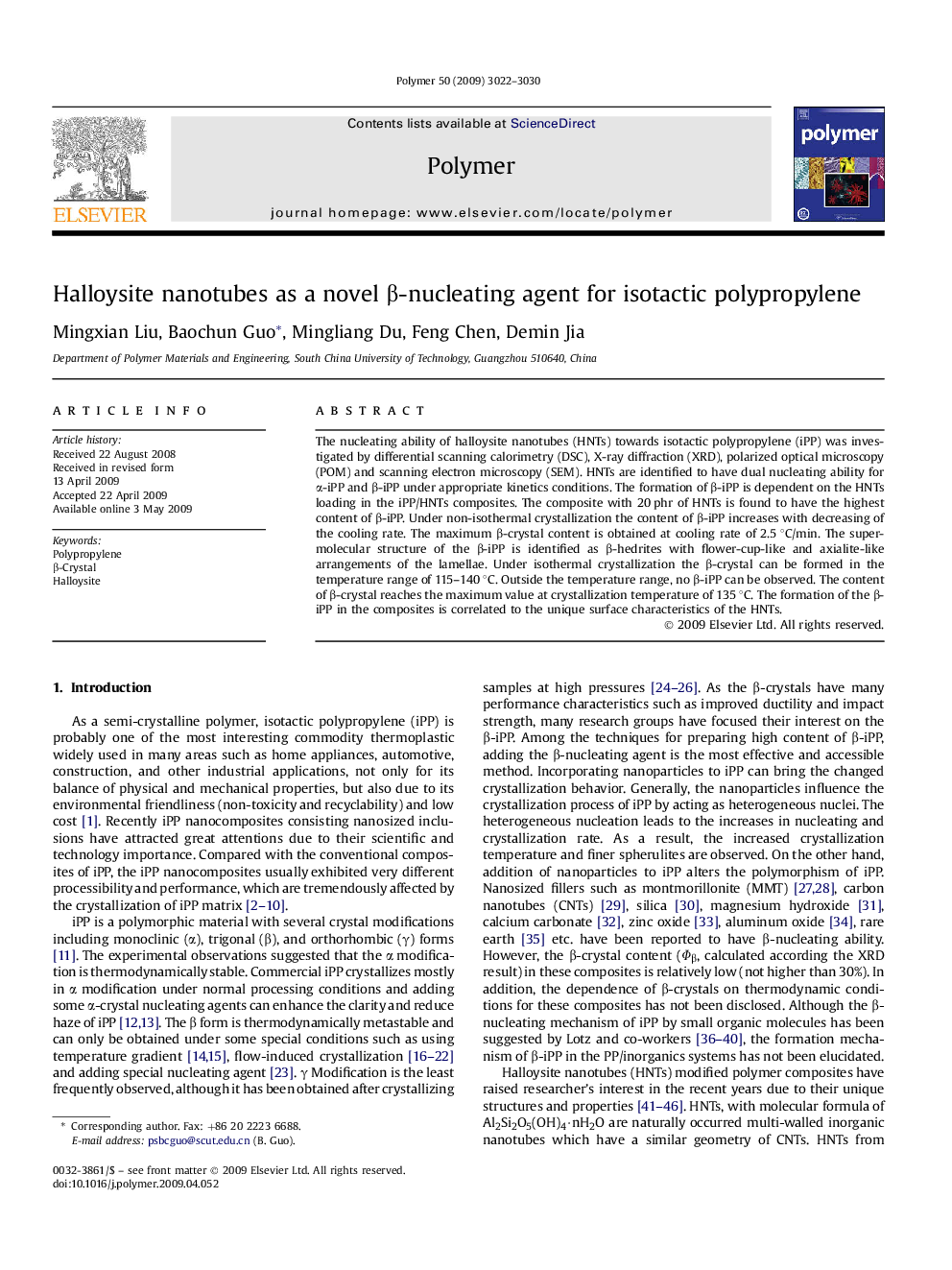 Halloysite nanotubes as a novel Î²-nucleating agent for isotactic polypropylene