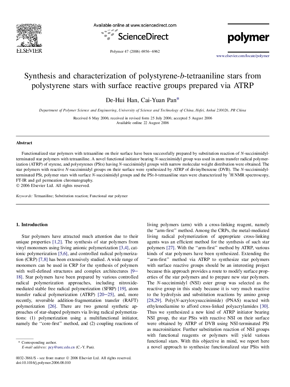 Synthesis and characterization of polystyrene-b-tetraaniline stars from polystyrene stars with surface reactive groups prepared via ATRP