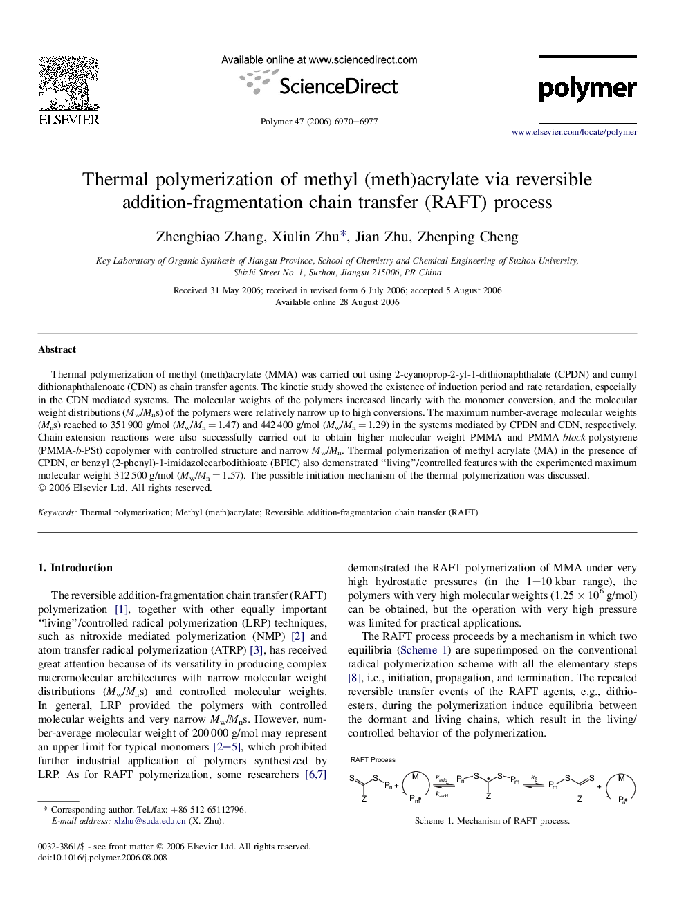 Thermal polymerization of methyl (meth)acrylate via reversible addition-fragmentation chain transfer (RAFT) process