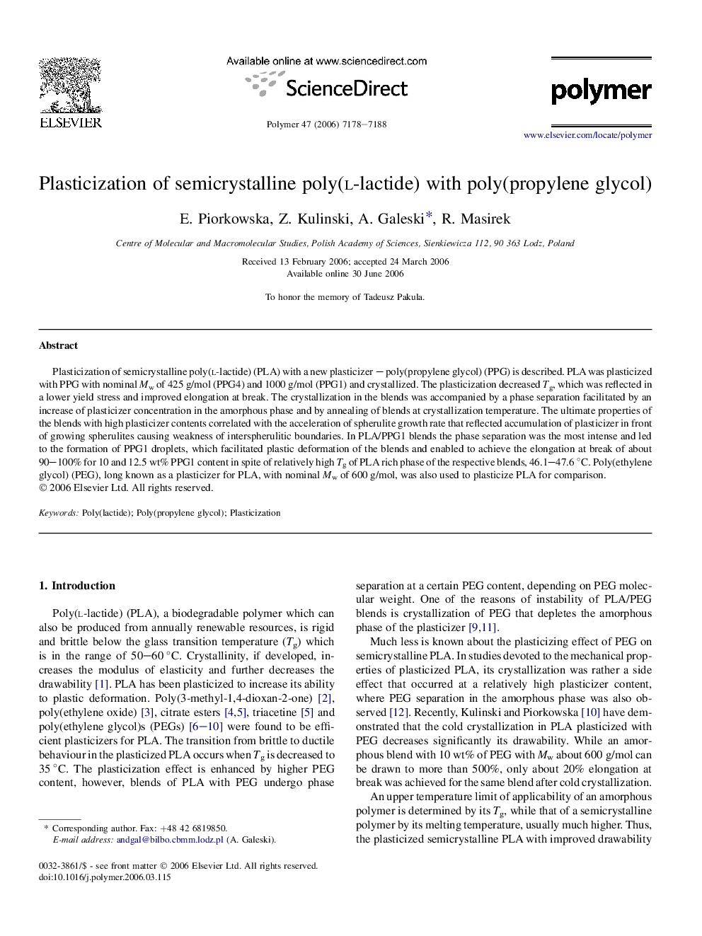 Plasticization of semicrystalline poly(l-lactide) with poly(propylene glycol)