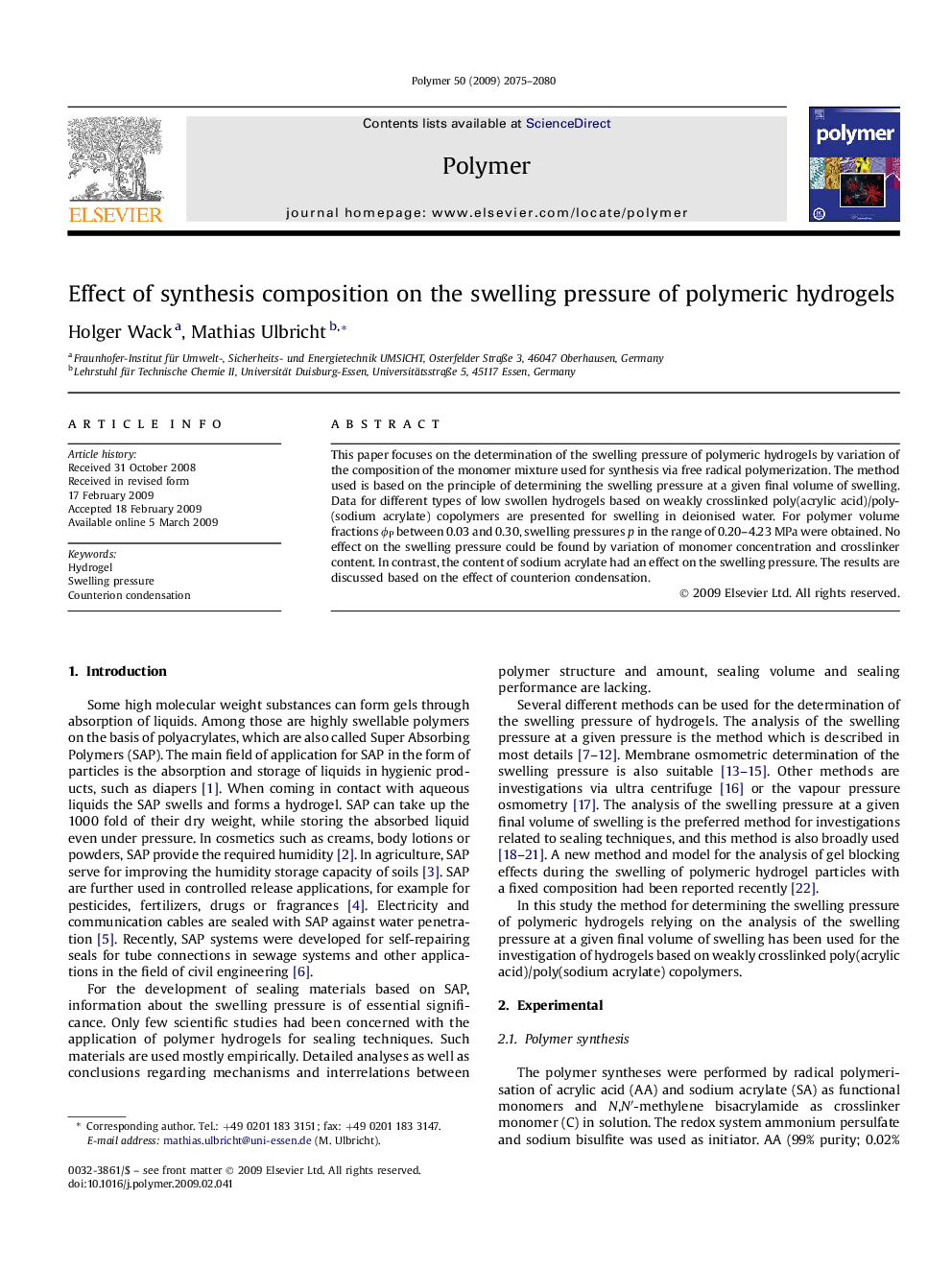 Effect of synthesis composition on the swelling pressure of polymeric hydrogels