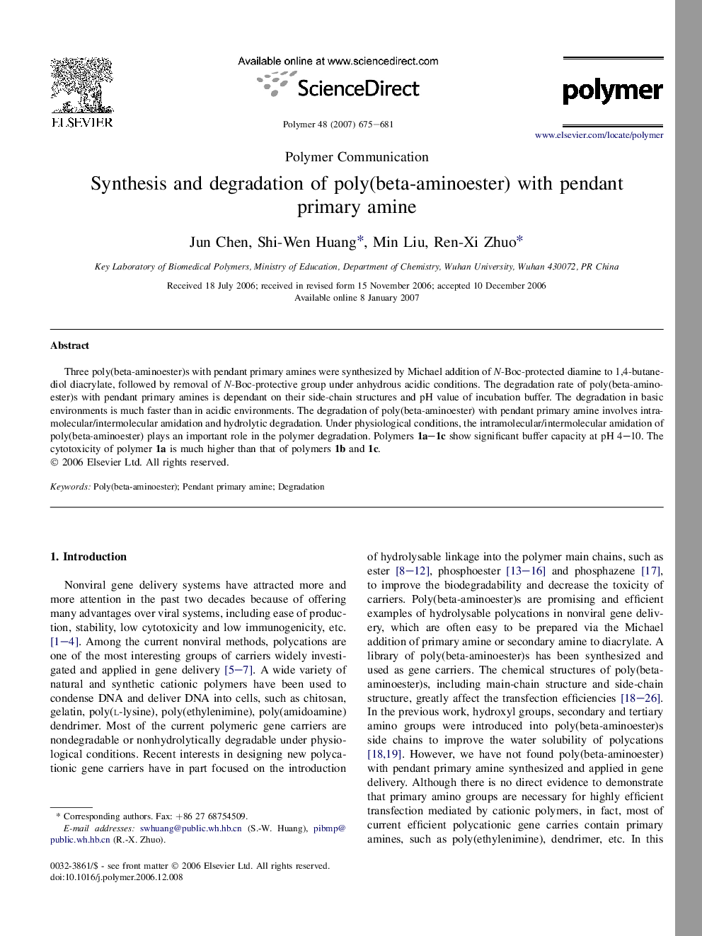 Synthesis and degradation of poly(beta-aminoester) with pendant primary amine