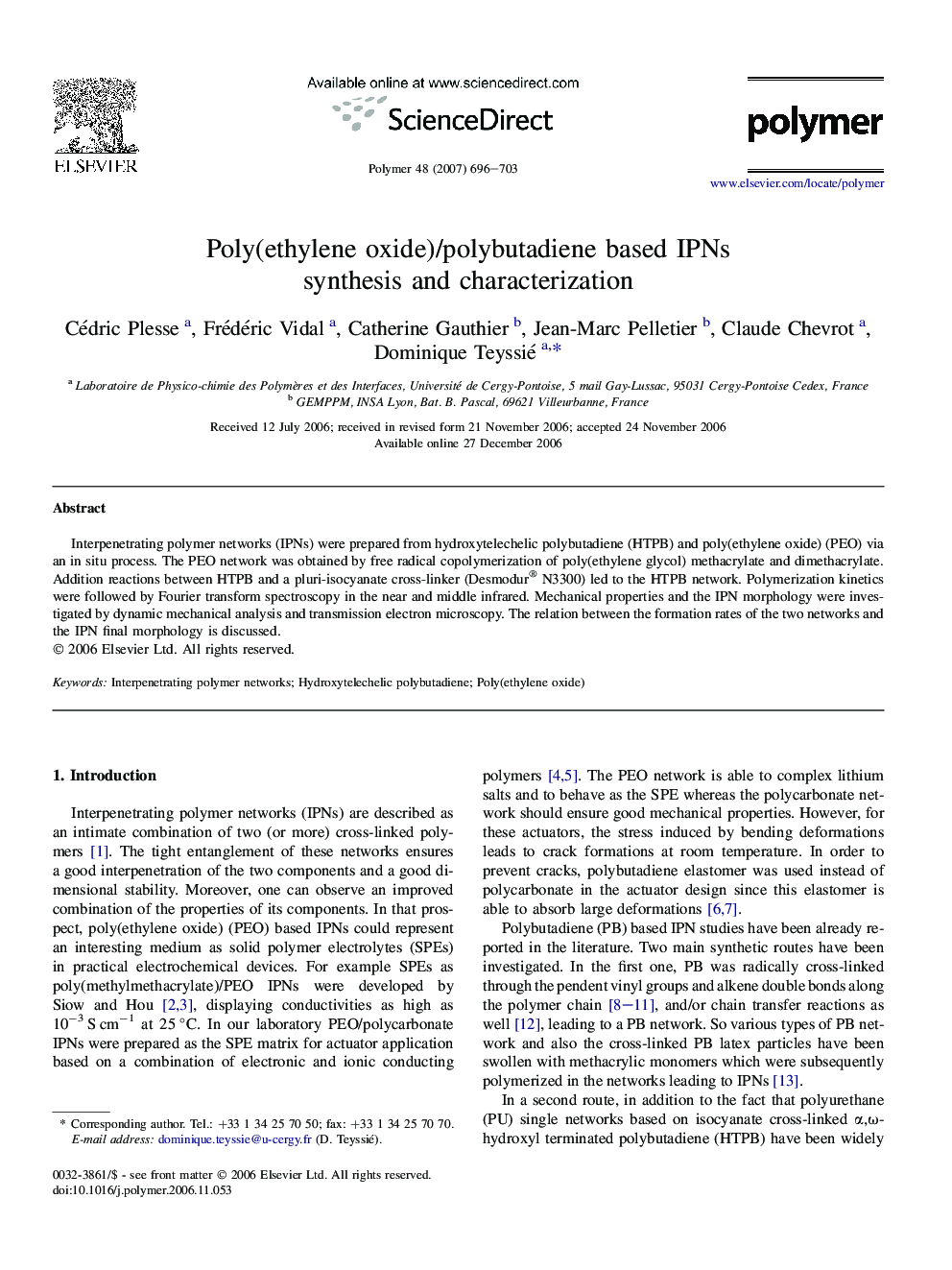 Poly(ethylene oxide)/polybutadiene based IPNs synthesis and characterization