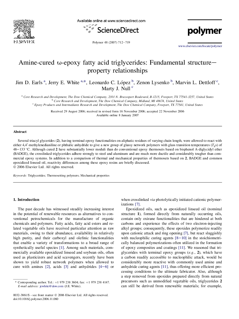 Amine-cured Ï-epoxy fatty acid triglycerides: Fundamental structure-property relationships