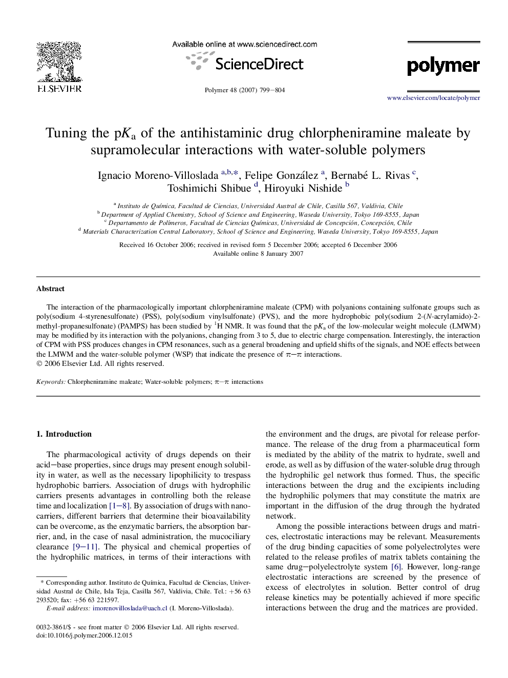 Tuning the pKa of the antihistaminic drug chlorpheniramine maleate by supramolecular interactions with water-soluble polymers