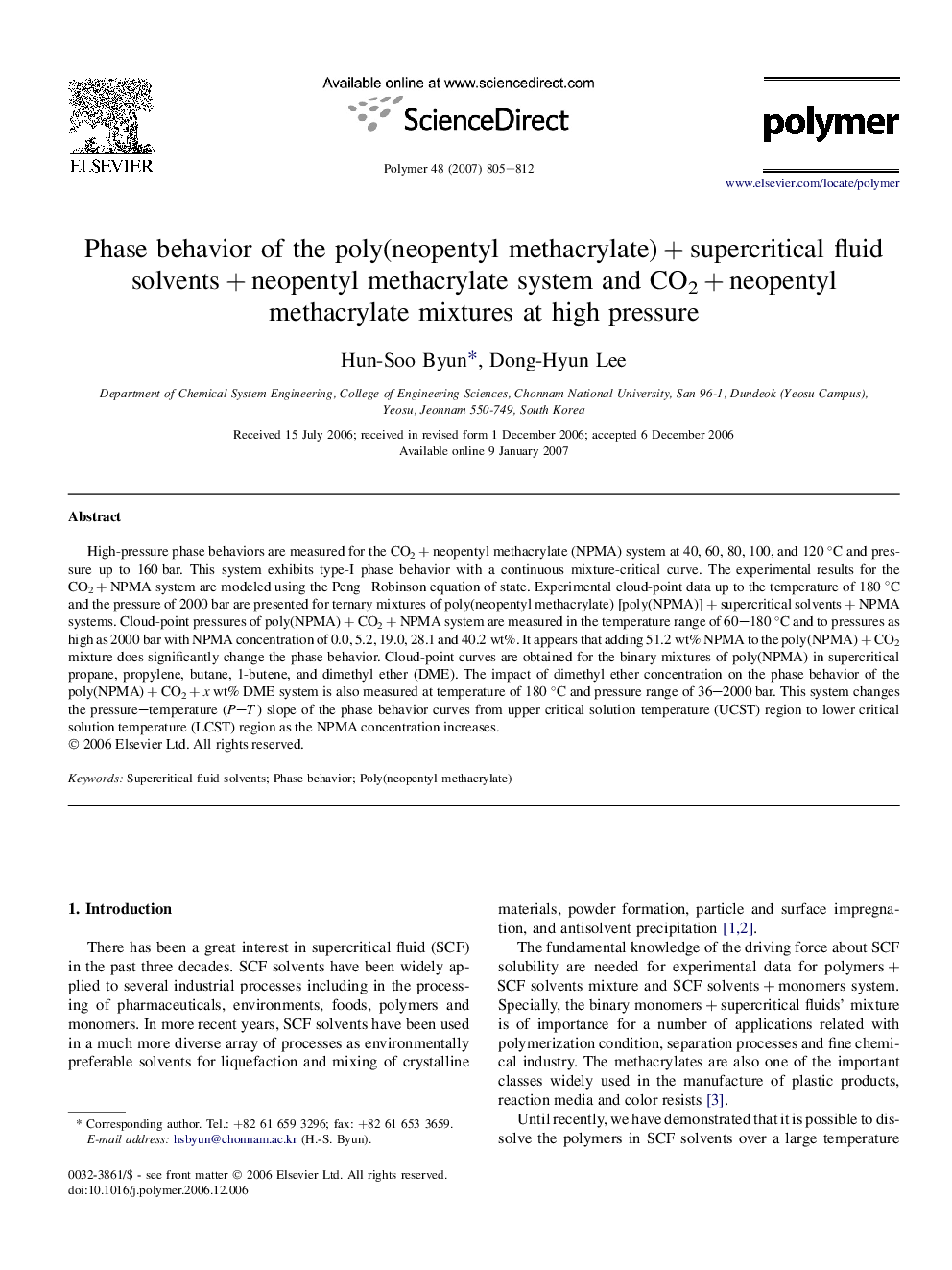 Phase behavior of the poly(neopentyl methacrylate) + supercritical fluid solvents + neopentyl methacrylate system and CO2 + neopentyl methacrylate mixtures at high pressure