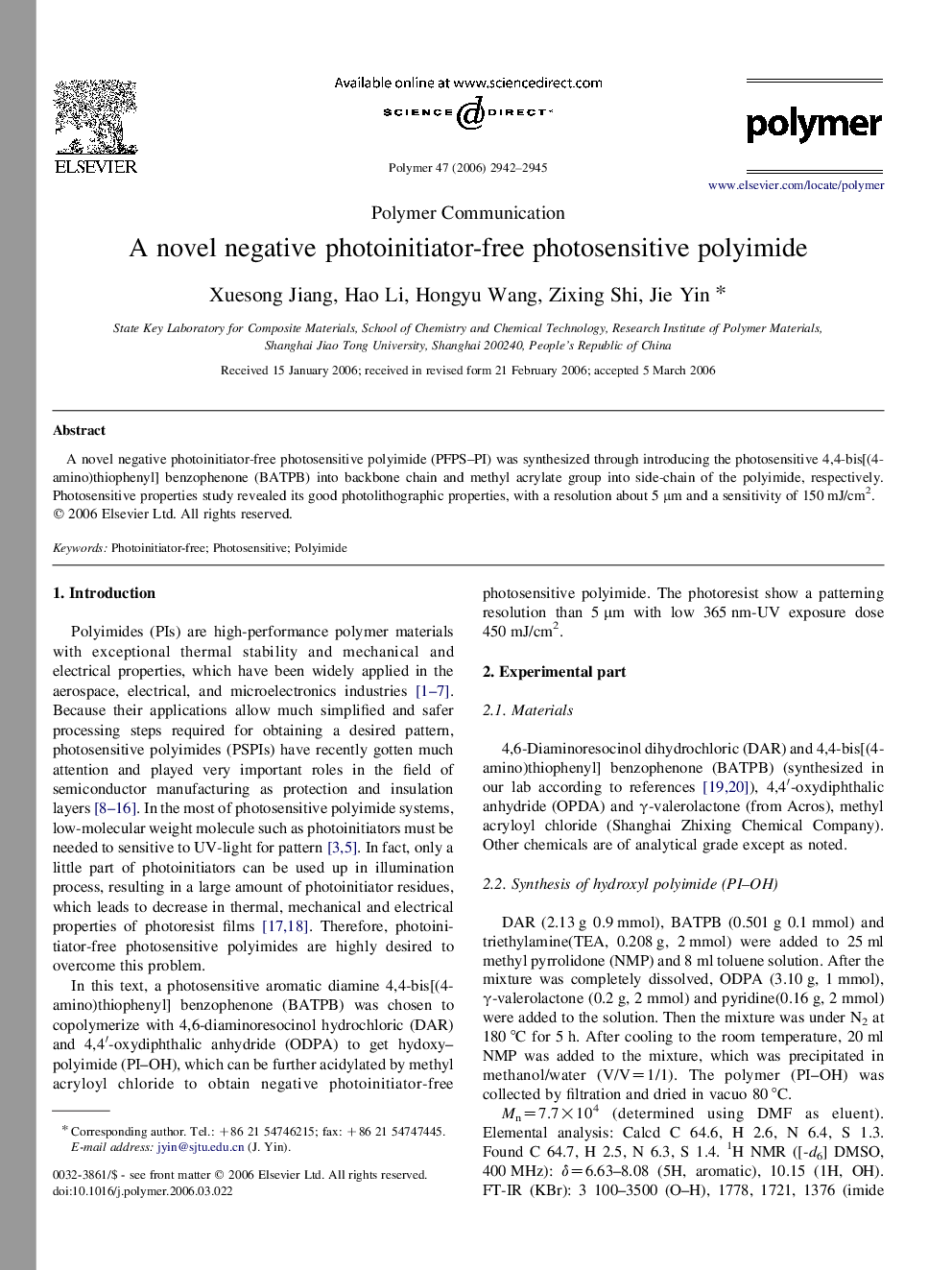 A novel negative photoinitiator-free photosensitive polyimide