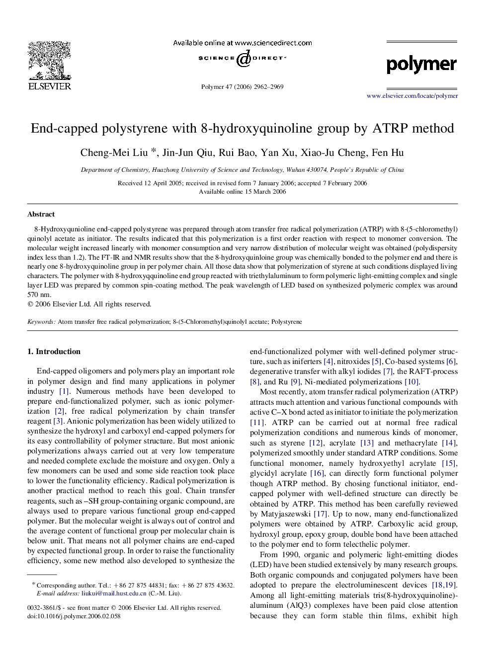 End-capped polystyrene with 8-hydroxyquinoline group by ATRP method