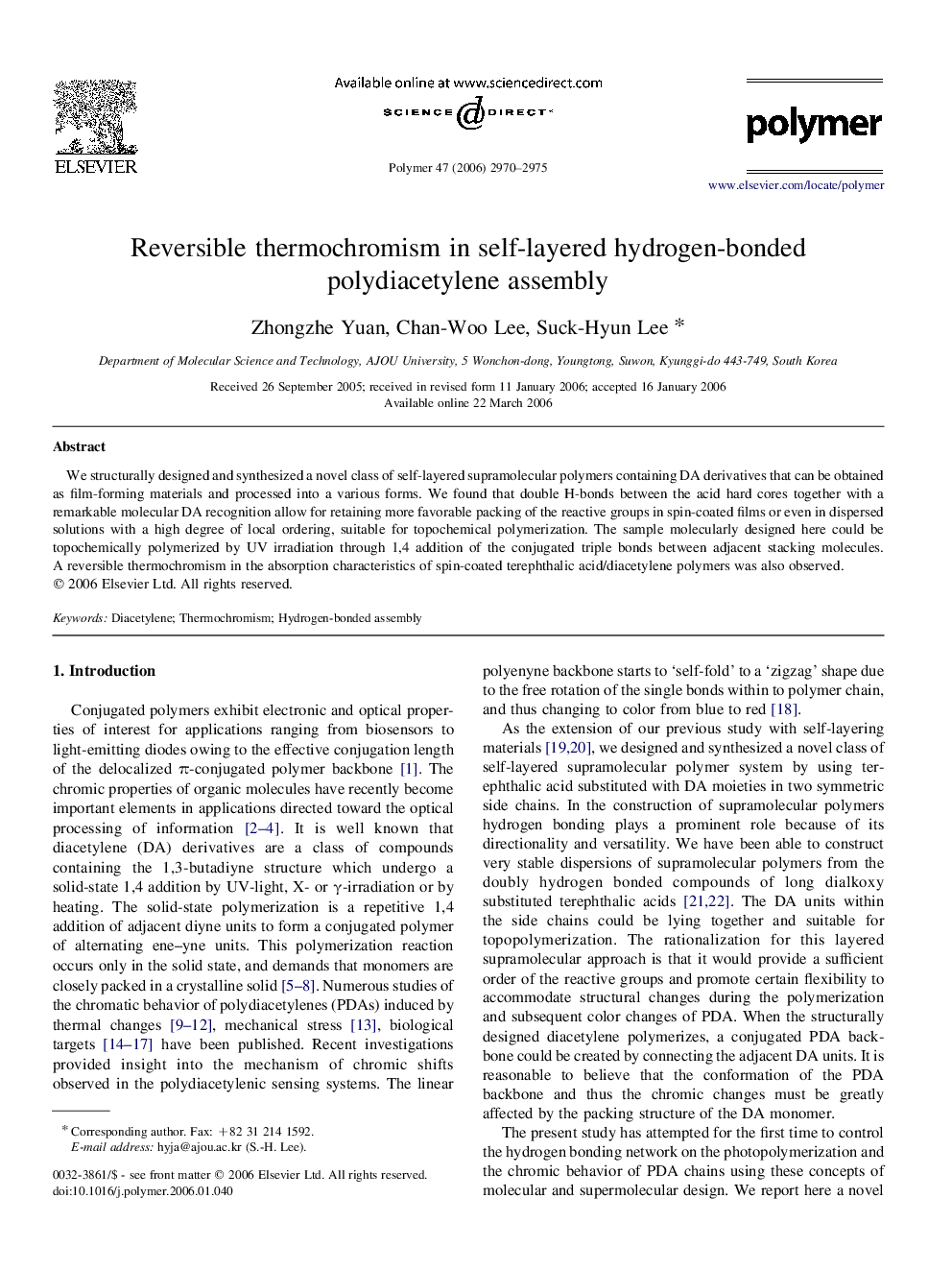 Reversible thermochromism in self-layered hydrogen-bondedpolydiacetylene assembly