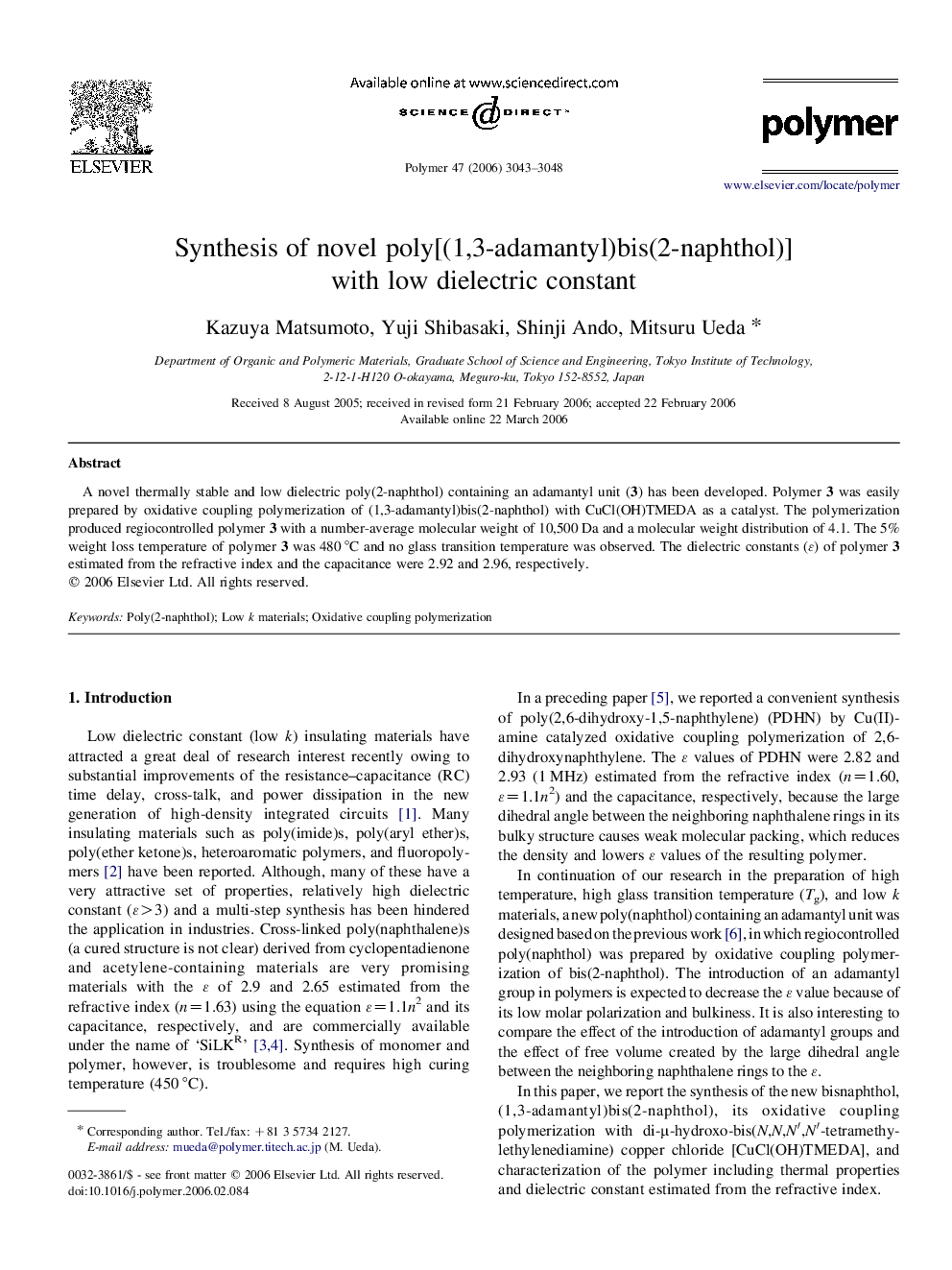 Synthesis of novel poly[(1,3-adamantyl)bis(2-naphthol)] with low dielectric constant