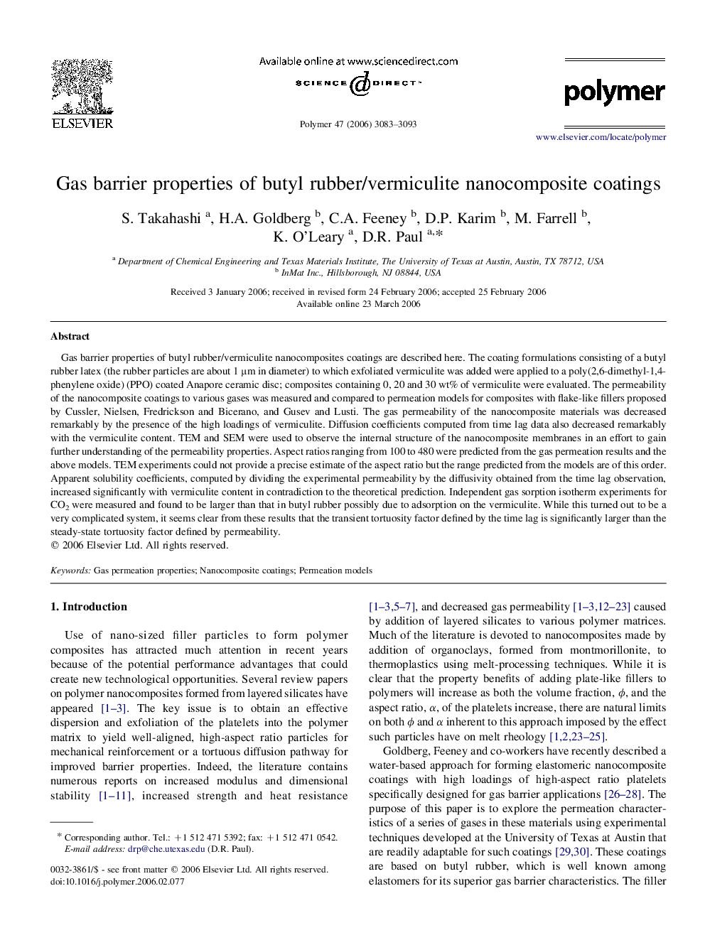 Gas barrier properties of butyl rubber/vermiculite nanocomposite coatings