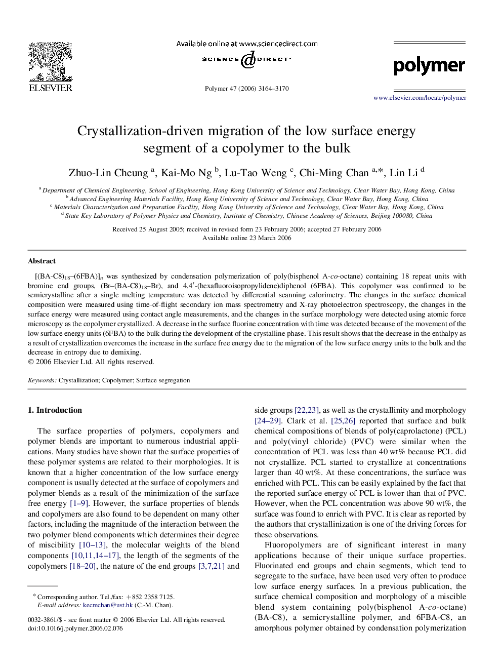 Crystallization-driven migration of the low surface energy segment of a copolymer to the bulk