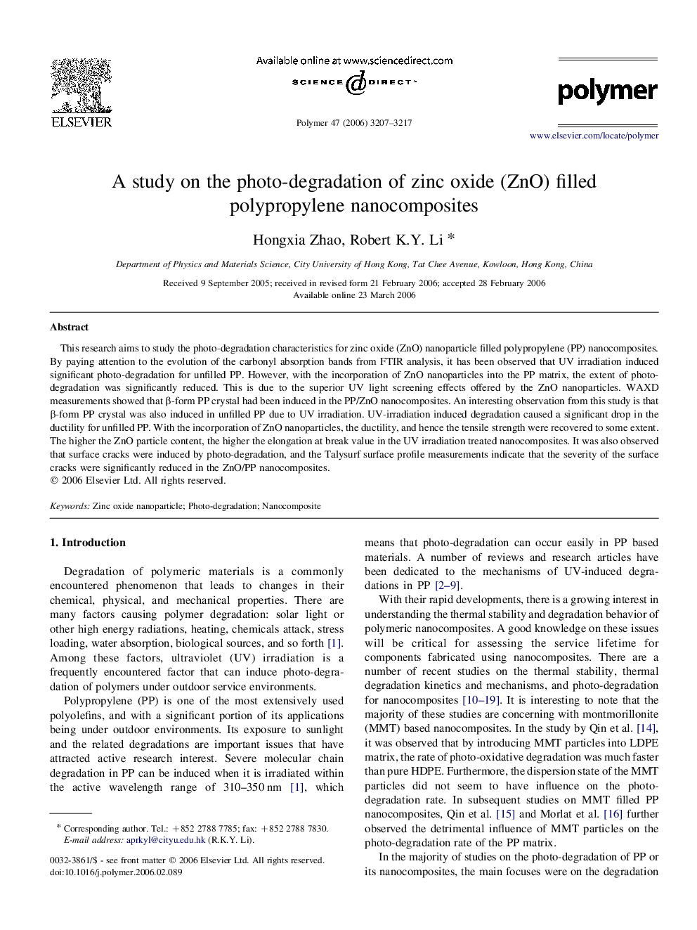 A study on the photo-degradation of zinc oxide (ZnO) filled polypropylene nanocomposites