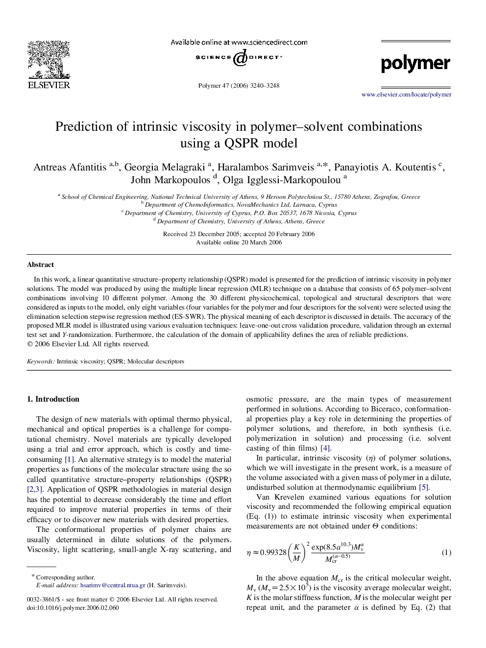 Prediction of intrinsic viscosity in polymer-solvent combinations using a QSPR model