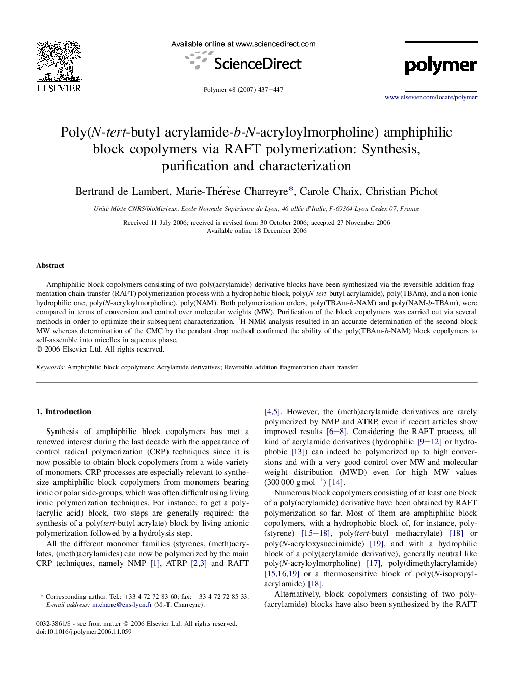Poly(N-tert-butyl acrylamide-b-N-acryloylmorpholine) amphiphilic block copolymers via RAFT polymerization: Synthesis, purification and characterization