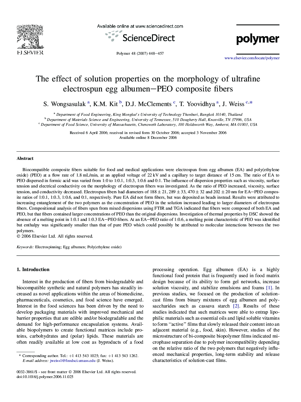 The effect of solution properties on the morphology of ultrafine electrospun egg albumen-PEO composite fibers