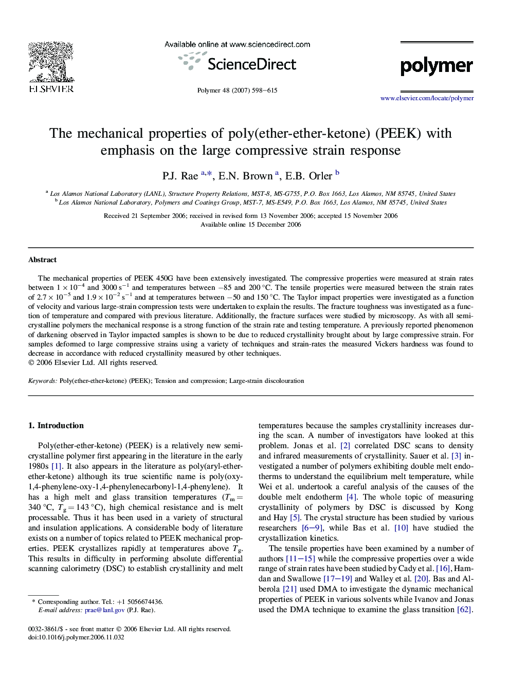 The mechanical properties of poly(ether-ether-ketone) (PEEK) with emphasis on the large compressive strain response