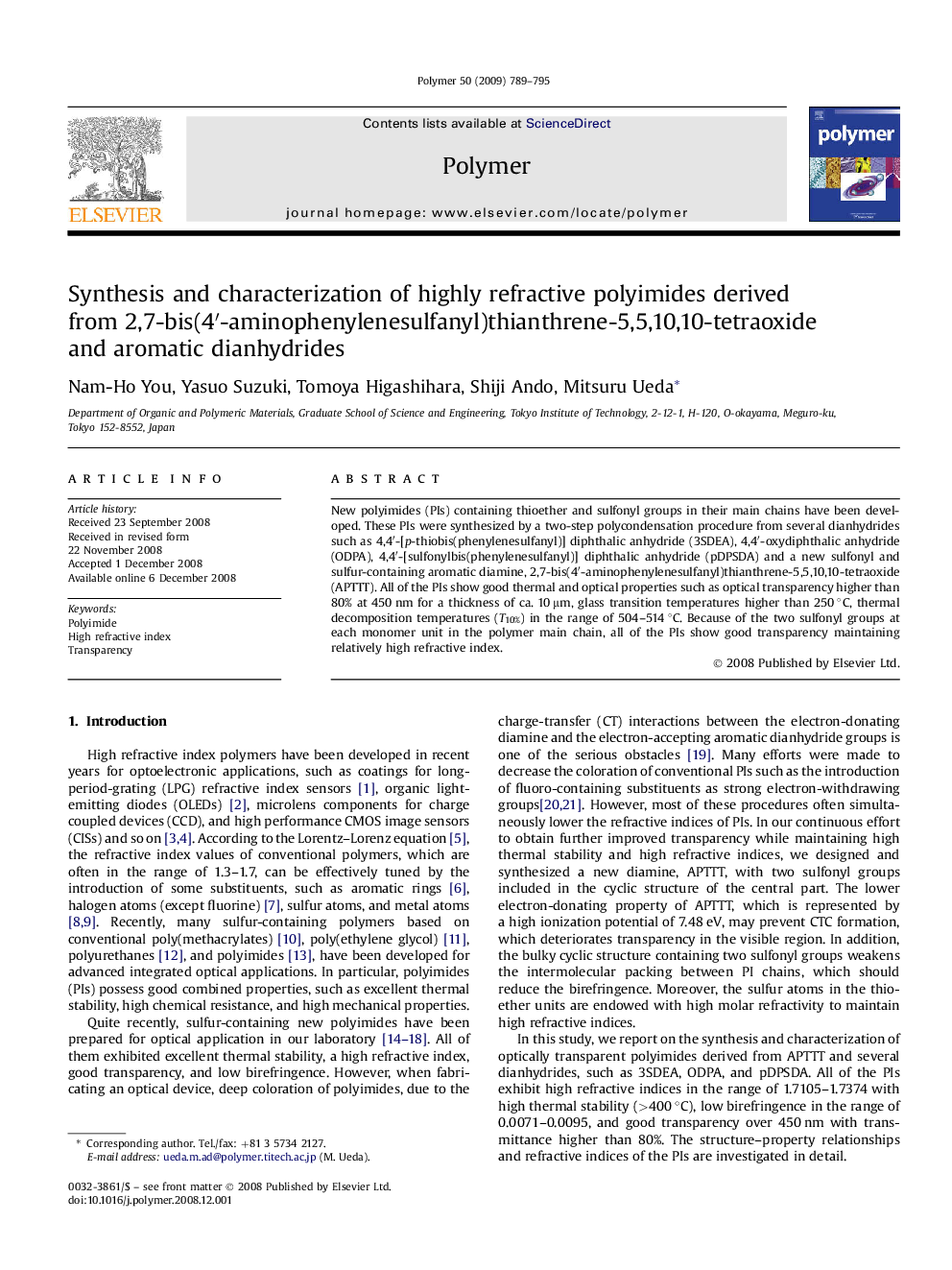 Synthesis and characterization of highly refractive polyimides derived from 2,7-bis(4â²-aminophenylenesulfanyl)thianthrene-5,5,10,10-tetraoxide and aromatic dianhydrides