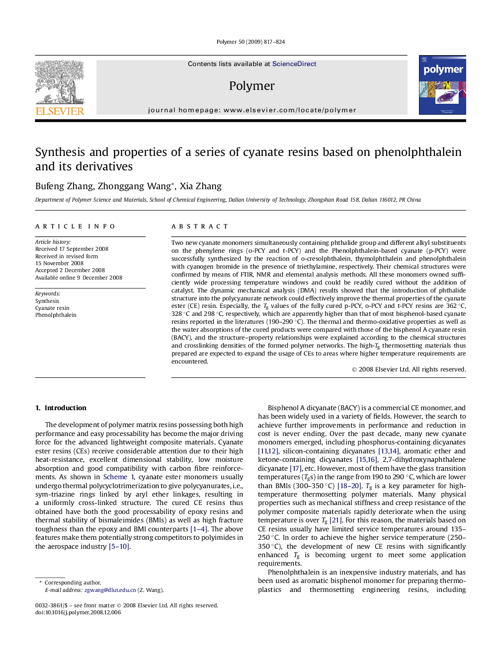 Synthesis and properties of a series of cyanate resins based on phenolphthalein and its derivatives