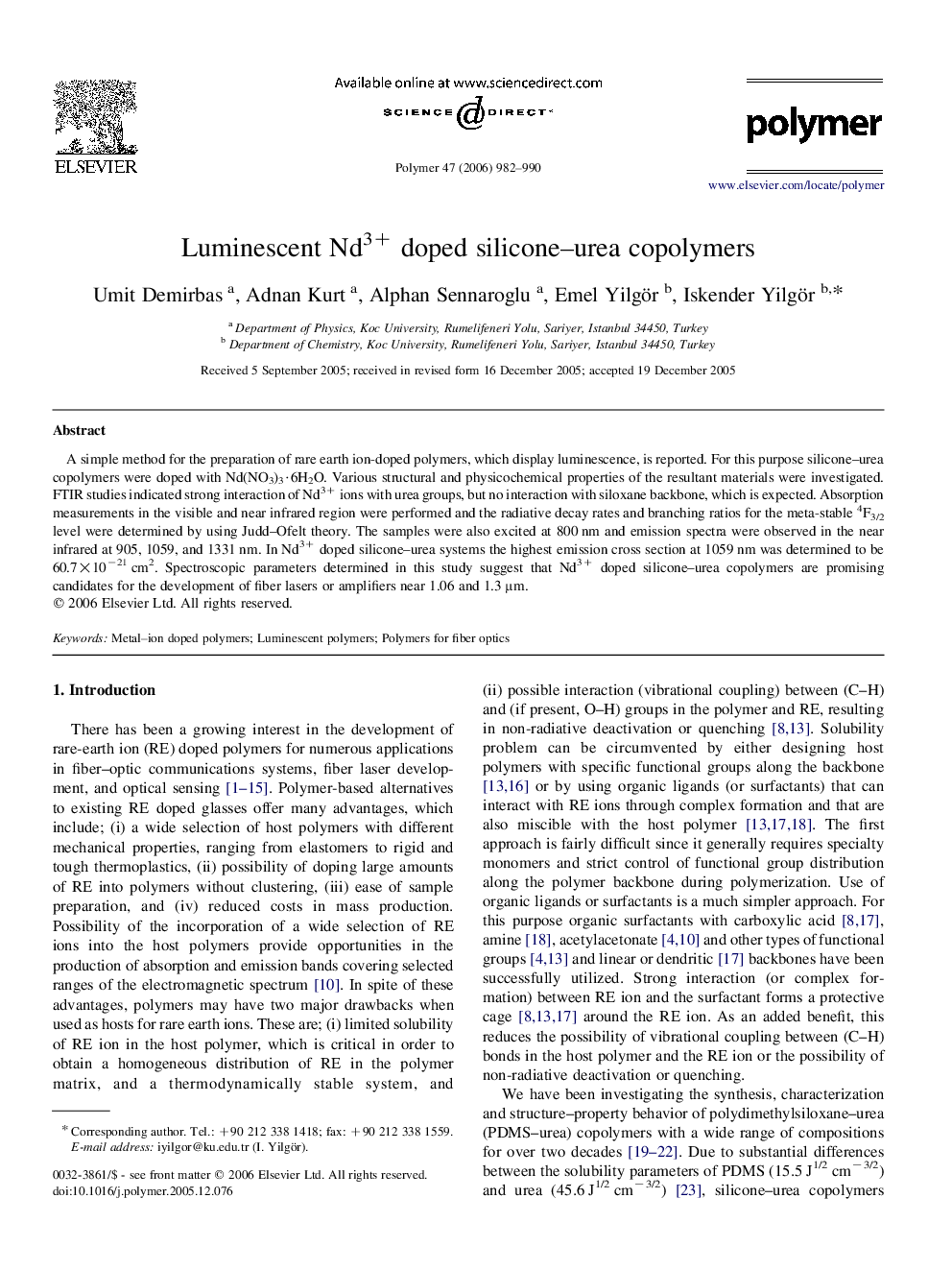 Luminescent Nd3+ doped silicone-urea copolymers