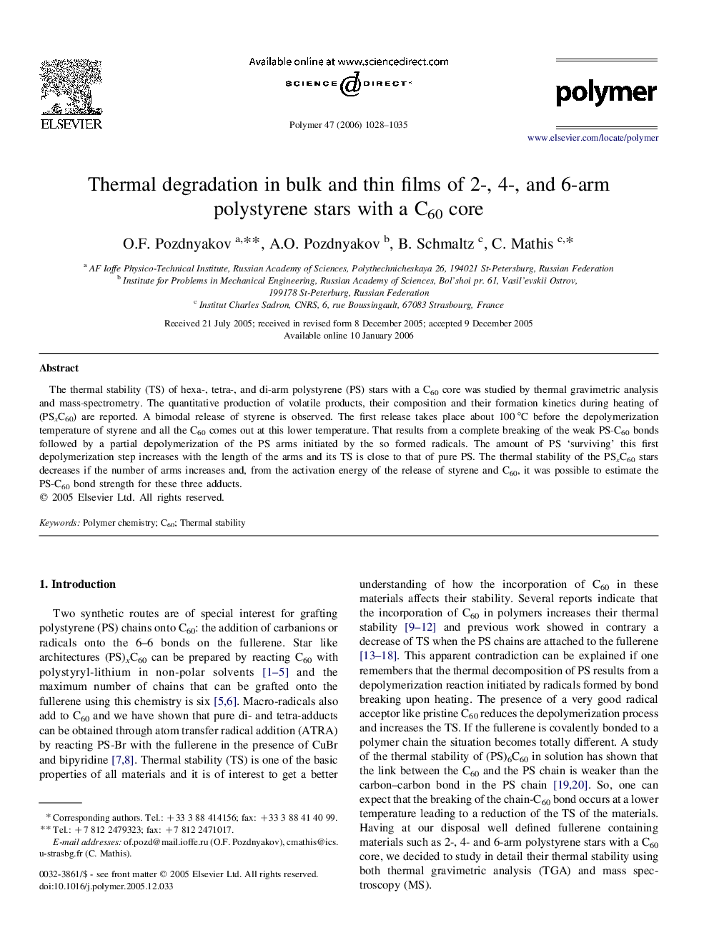 Thermal degradation in bulk and thin films of 2-, 4-, and 6-arm polystyrene stars with a C60 core