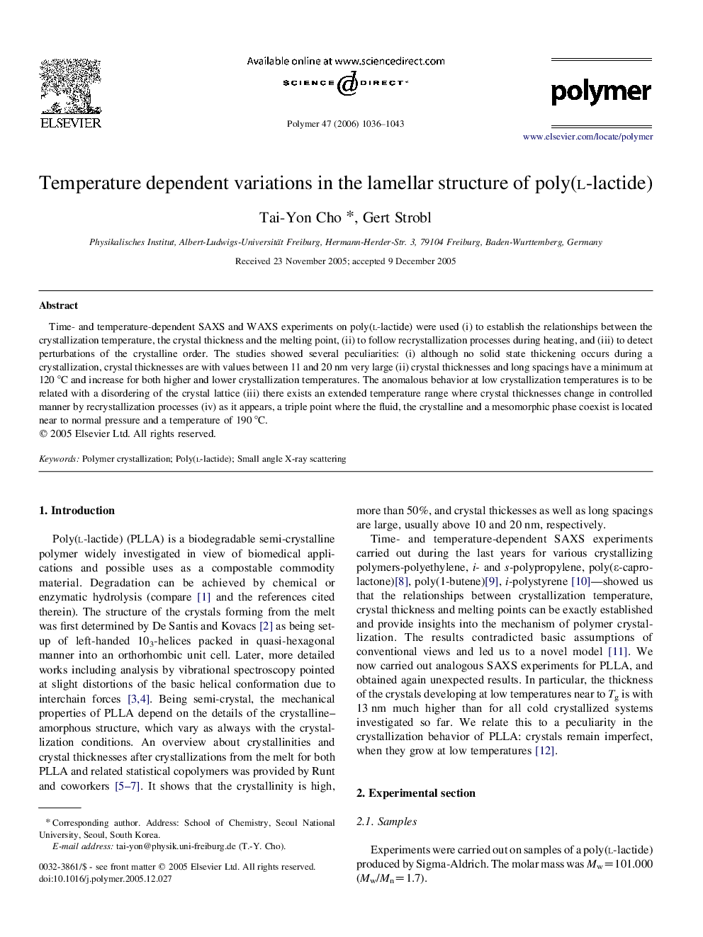 Temperature dependent variations in the lamellar structure of poly(l-lactide)