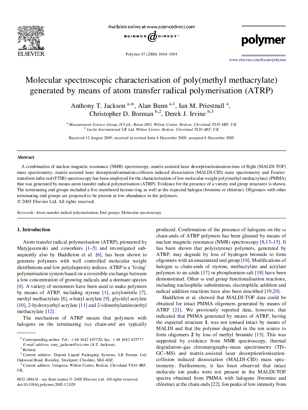 Molecular spectroscopic characterisation of poly(methyl methacrylate) generated by means of atom transfer radical polymerisation (ATRP)