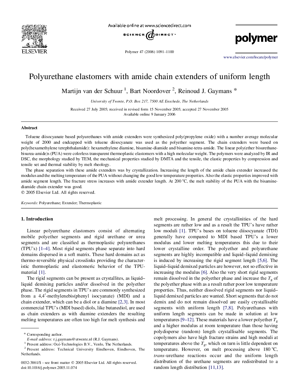 Polyurethane elastomers with amide chain extenders of uniform length