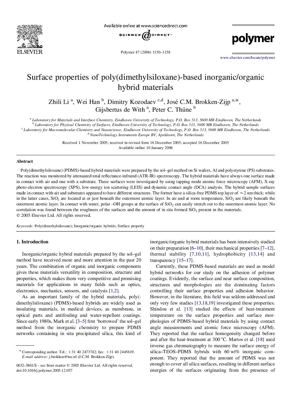 Surface properties of poly(dimethylsiloxane)-based inorganic/organic hybrid materials