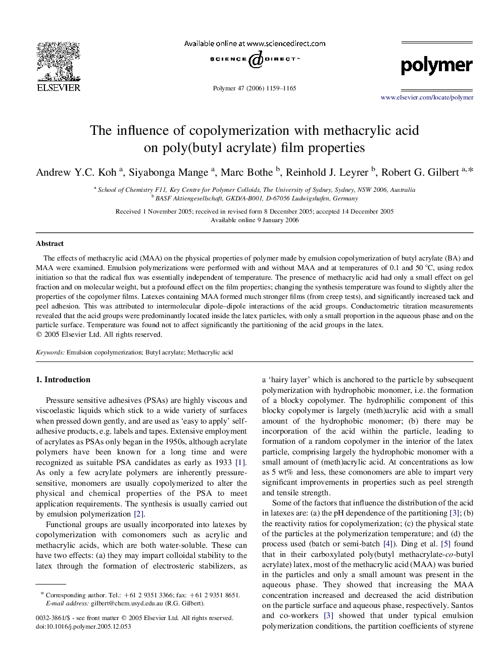 The influence of copolymerization with methacrylic acid on poly(butyl acrylate) film properties