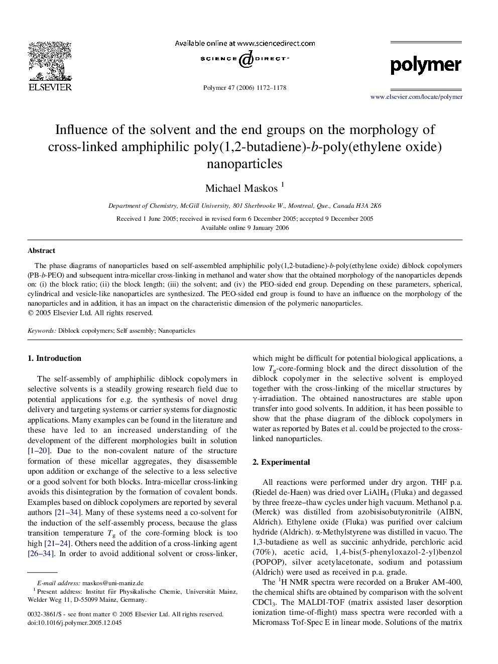 Influence of the solvent and the end groups on the morphology of cross-linked amphiphilic poly(1,2-butadiene)-b-poly(ethylene oxide) nanoparticles