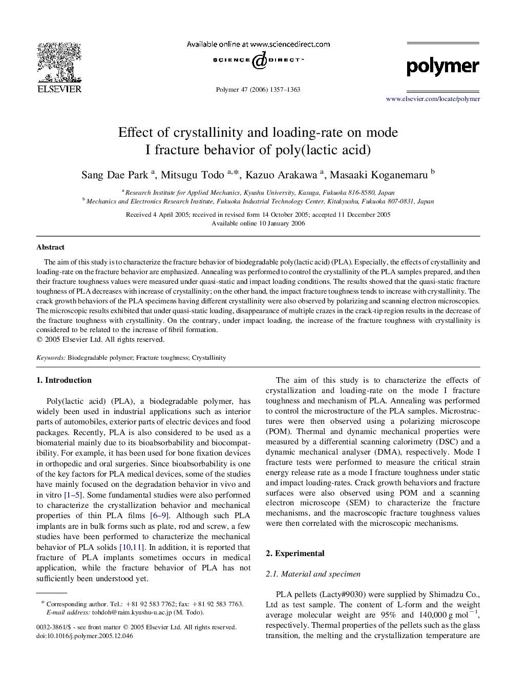 Effect of crystallinity and loading-rate on mode I fracture behavior of poly(lactic acid)