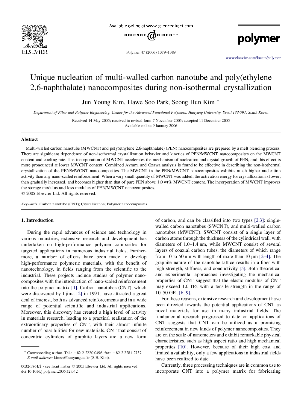 Unique nucleation of multi-walled carbon nanotube and poly(ethylene 2,6-naphthalate) nanocomposites during non-isothermal crystallization