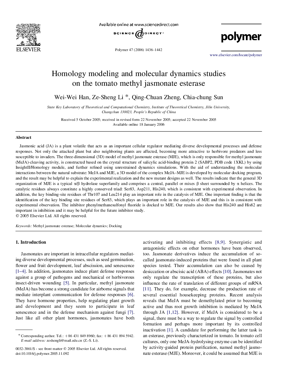 Homology modeling and molecular dynamics studies on the tomato methyl jasmonate esterase