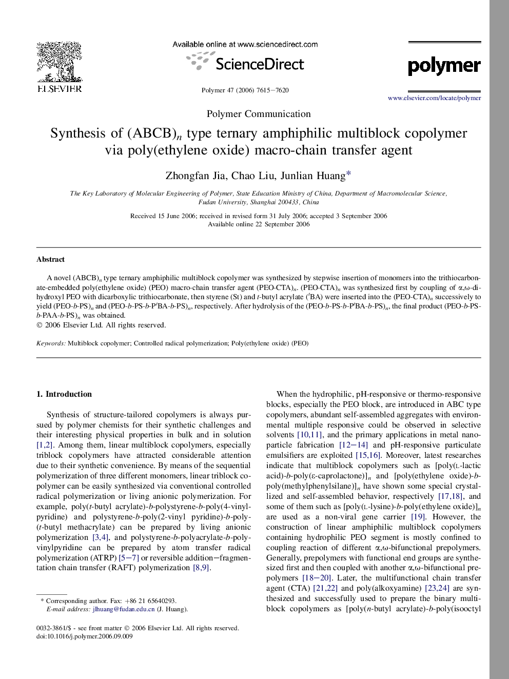 Synthesis of (ABCB)n type ternary amphiphilic multiblock copolymer via poly(ethylene oxide) macro-chain transfer agent