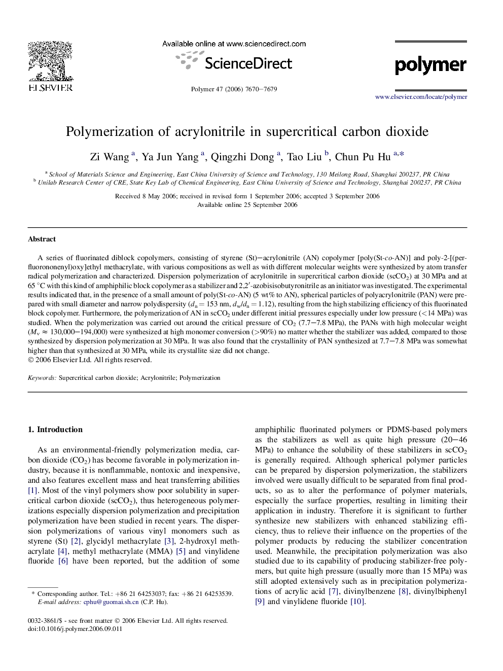 Polymerization of acrylonitrile in supercritical carbon dioxide