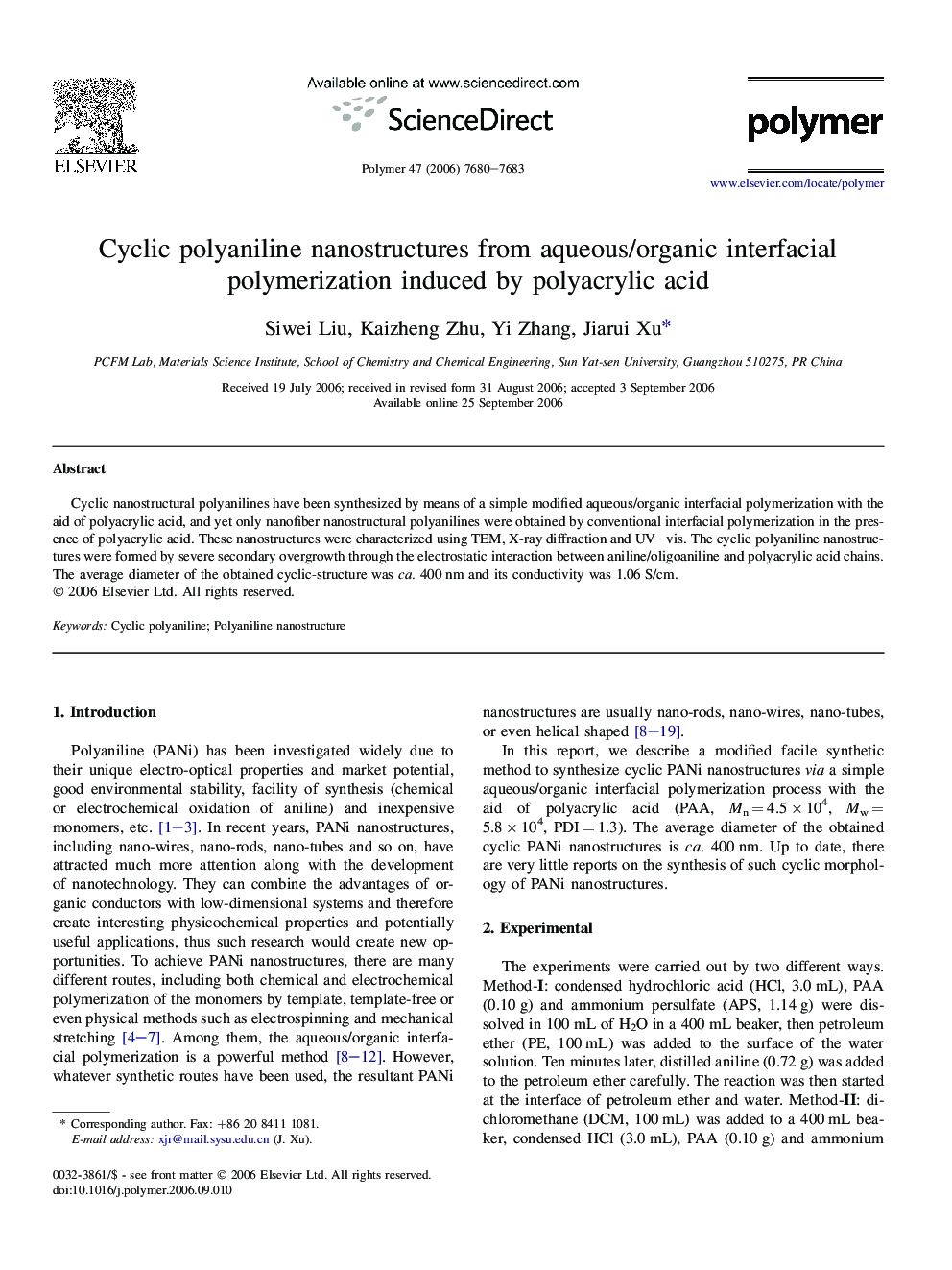 Cyclic polyaniline nanostructures from aqueous/organic interfacial polymerization induced by polyacrylic acid