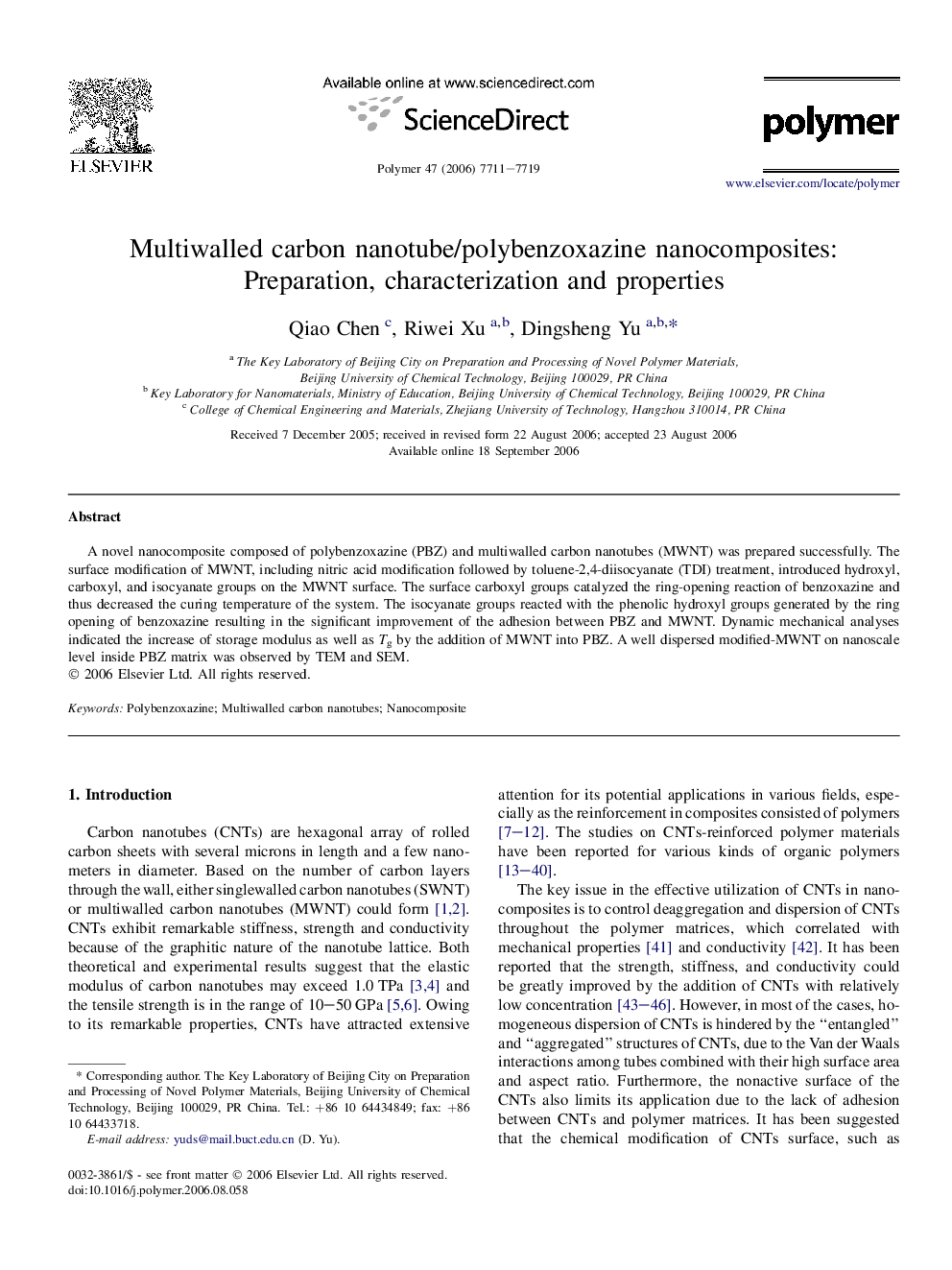 Multiwalled carbon nanotube/polybenzoxazine nanocomposites: Preparation, characterization and properties