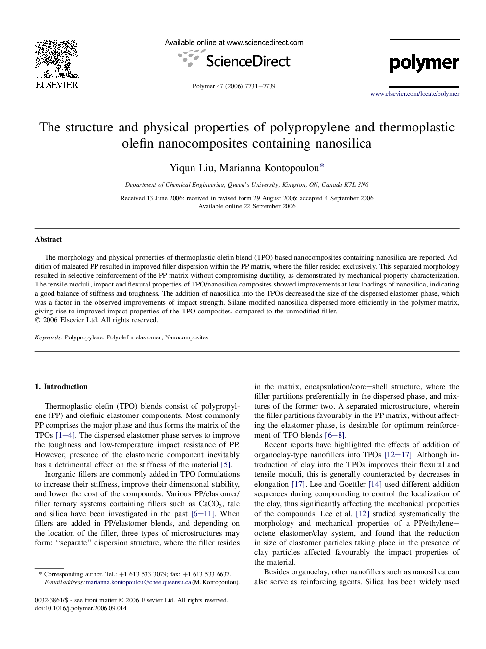 The structure and physical properties of polypropylene and thermoplastic olefin nanocomposites containing nanosilica