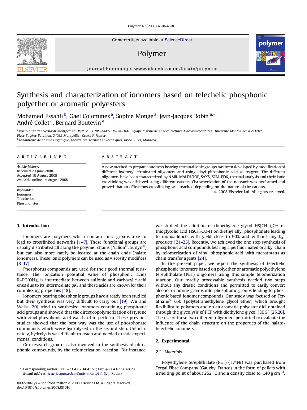 Synthesis and characterization of ionomers based on telechelic phosphonic polyether or aromatic polyesters