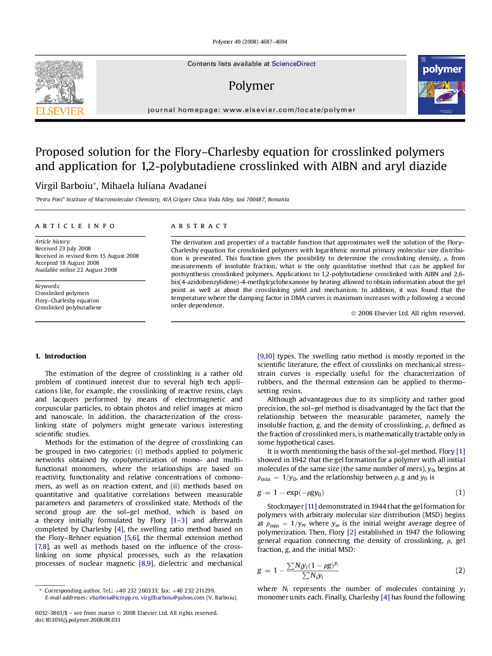 Proposed solution for the Flory-Charlesby equation for crosslinked polymers and application for 1,2-polybutadiene crosslinked with AIBN and aryl diazide