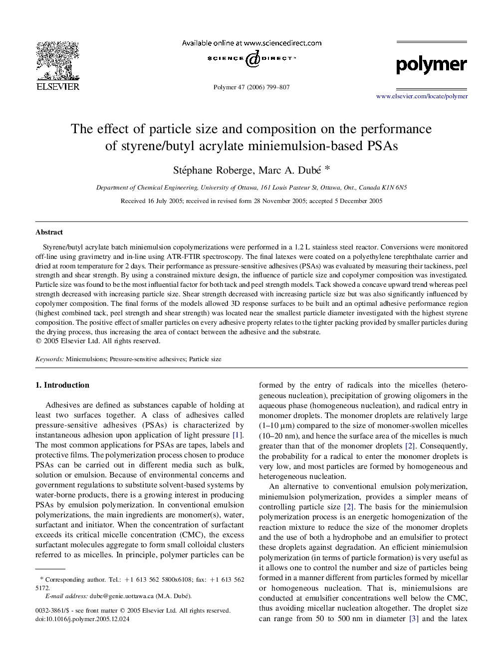 The effect of particle size and composition on the performance of styrene/butyl acrylate miniemulsion-based PSAs