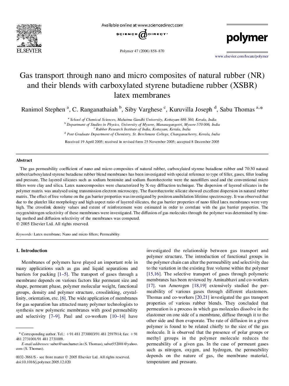 Gas transport through nano and micro composites of natural rubber (NR) and their blends with carboxylated styrene butadiene rubber (XSBR) latex membranes