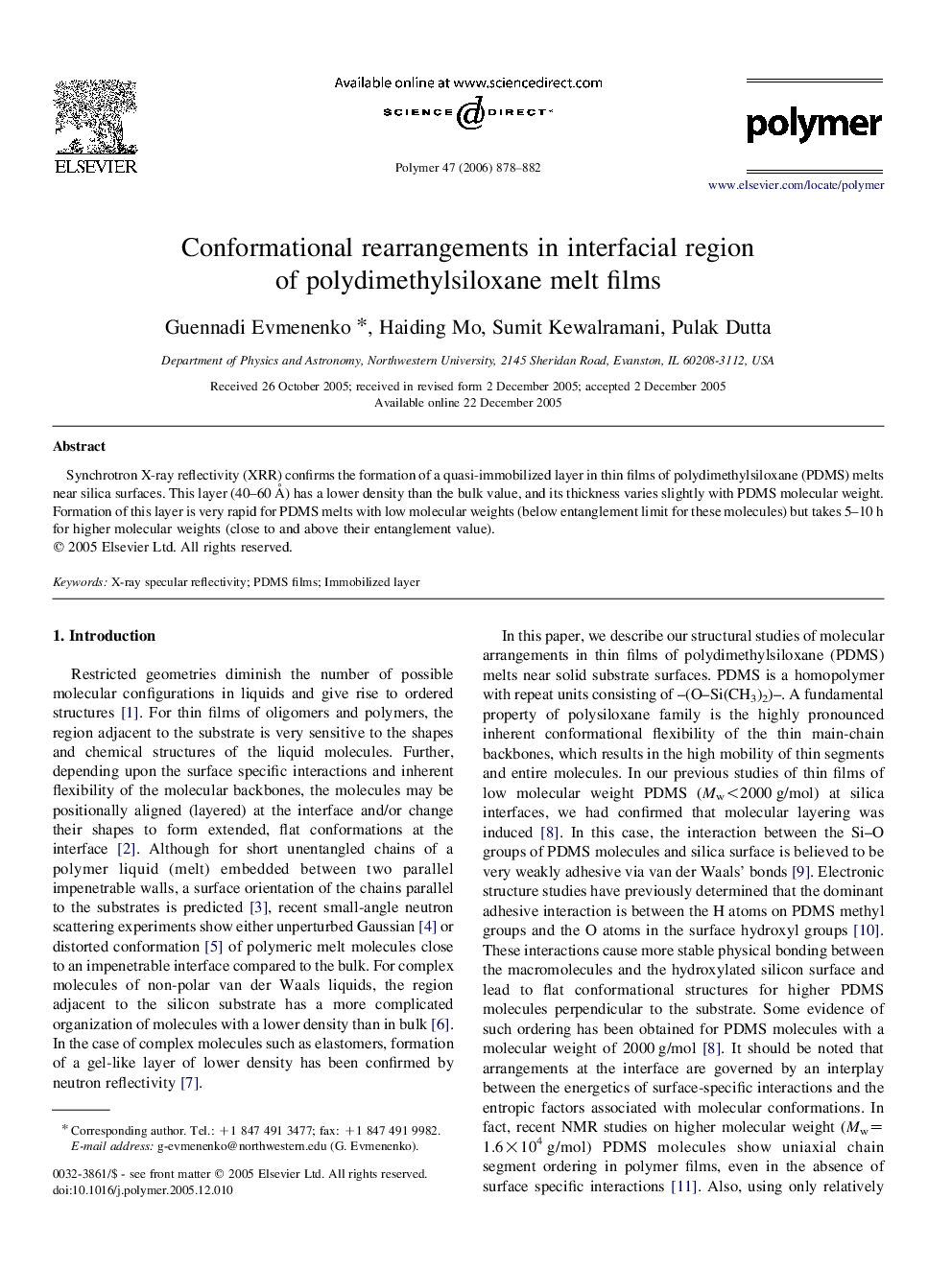 Conformational rearrangements in interfacial region of polydimethylsiloxane melt films