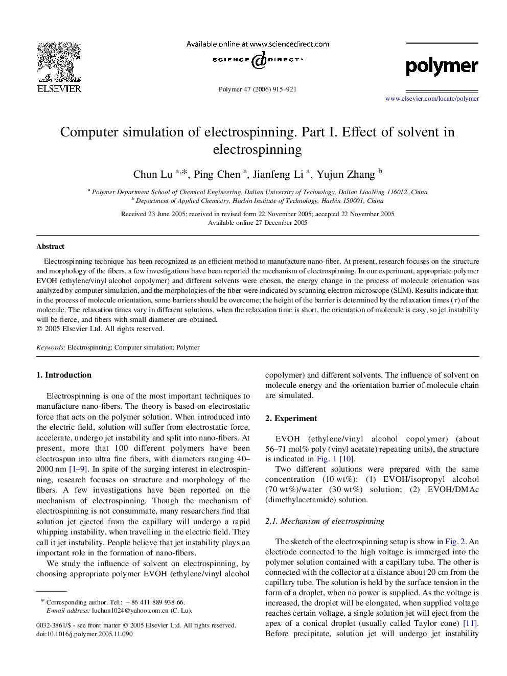 Computer simulation of electrospinning. Part I. Effect of solvent in electrospinning